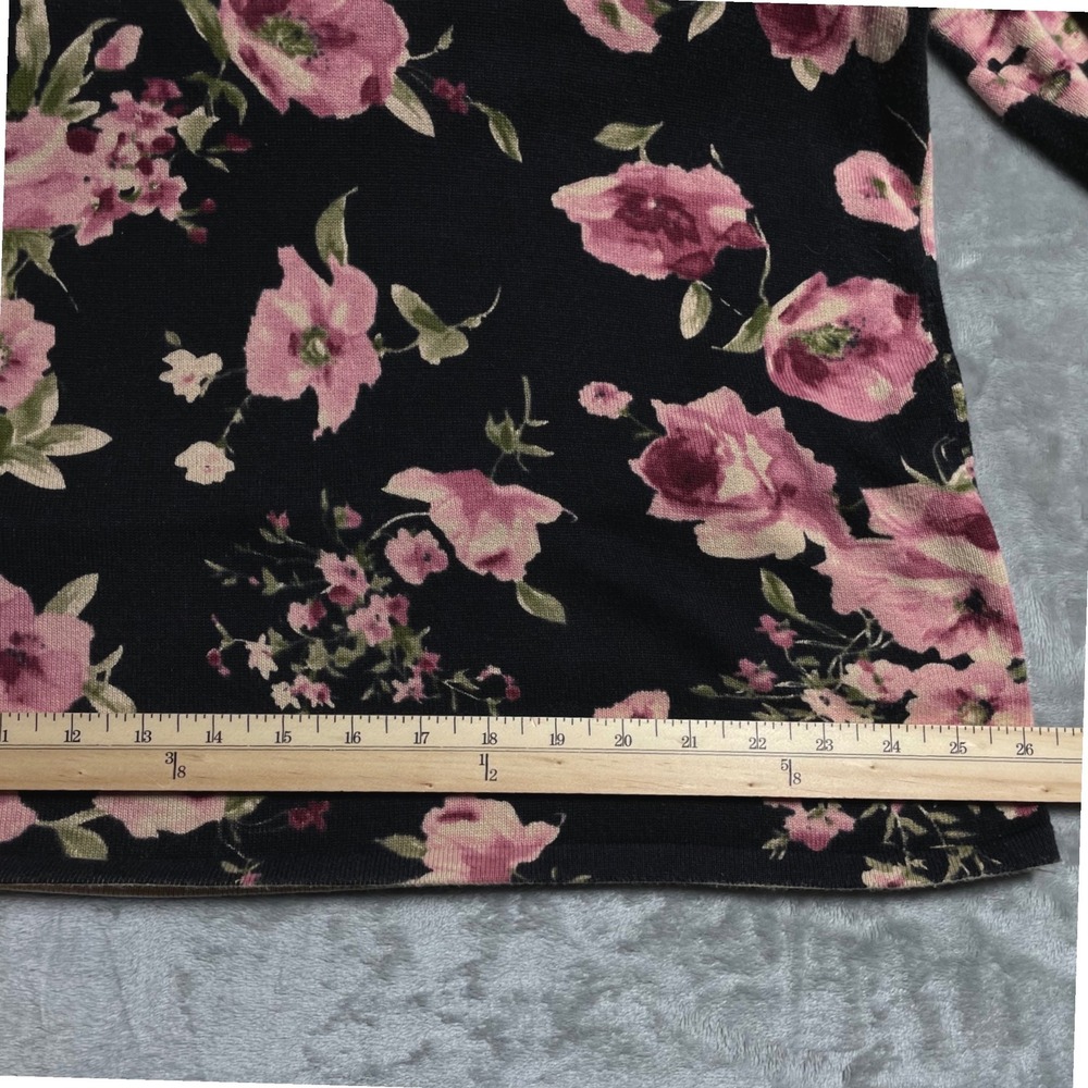 Chaps Womens 3X Black Pink Floral V-Neck Sweater Mesh Ruffle Trim 3/4 Sleeve - Picture 10 of 12